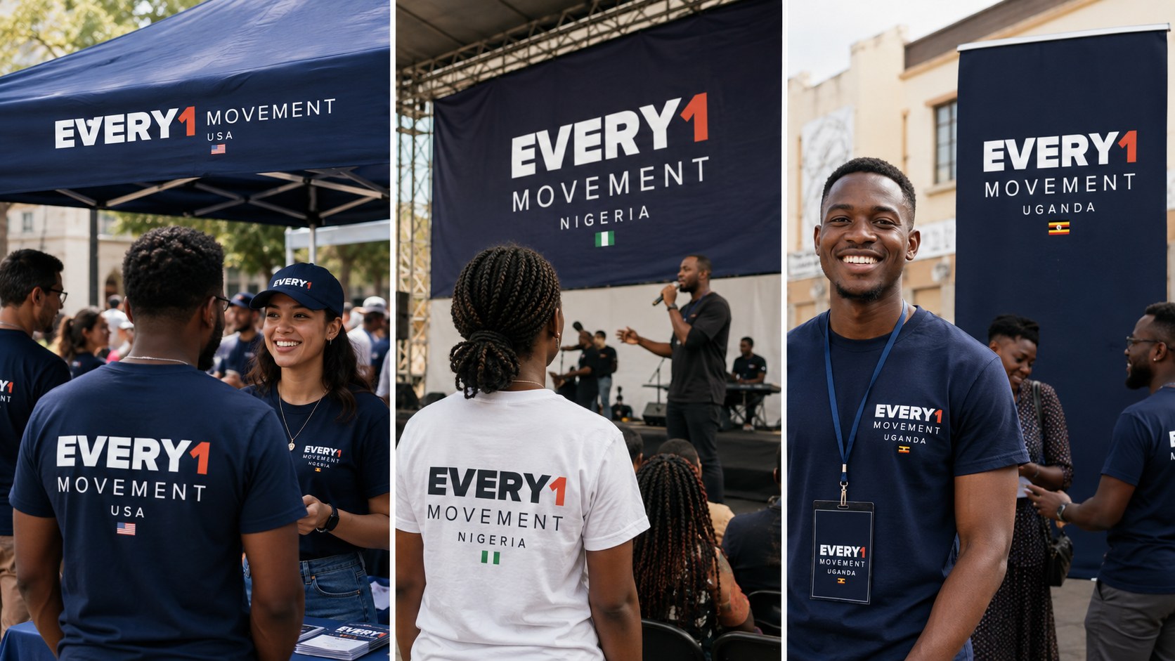 Three panels: the USA, Nigeria and Uganda country lockups carried on shirts, a stage banner and a street banner.