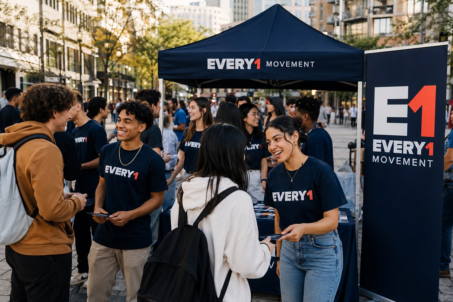An EVERY1 street activation: a tent and banner carrying the mark, and people in EVERY1 shirts talking one to one.